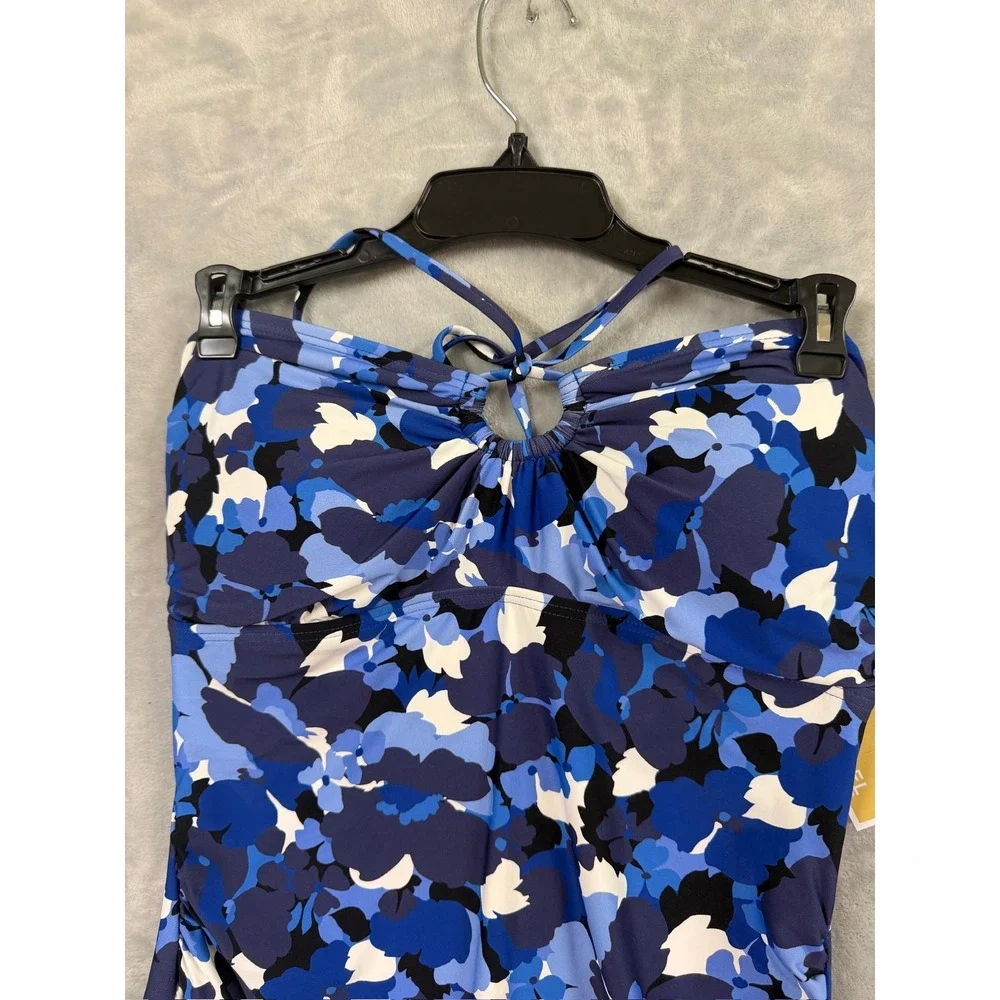 NWT Michael Kors Tankini Swim Top Womens Blue Floral Halter Keyhole Size M $102